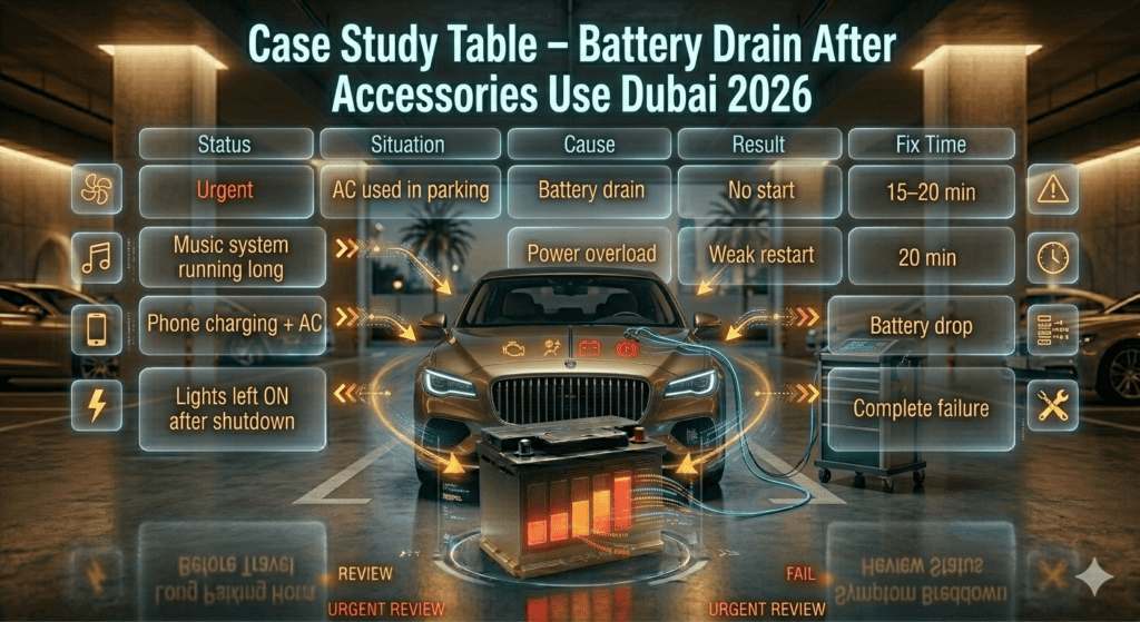 Case study table showing causes, results, and fix times of battery drain after accessory use in Dubai parking 2026.