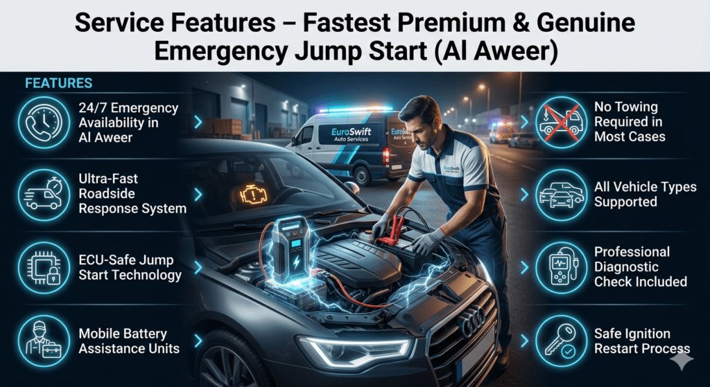 Professional roadside jump start technician performing ECU-safe emergency battery boost service in Al Aweer industrial area with mobile assistance unit.