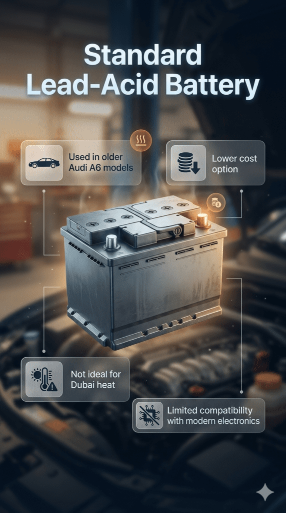 Standard lead-acid car battery infographic showing use in older Audi A6 models, low cost advantage, and limitations in Dubai heat and modern electronics compatibility