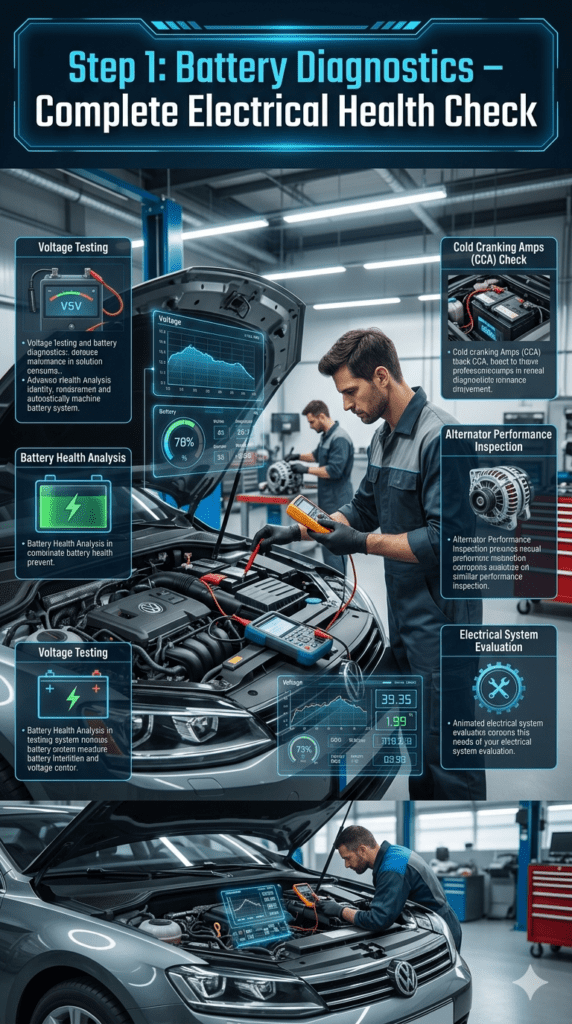 Car battery diagnostic process in modern garage showing voltage testing, CCA check, and alternator inspection with digital diagnostic tools.