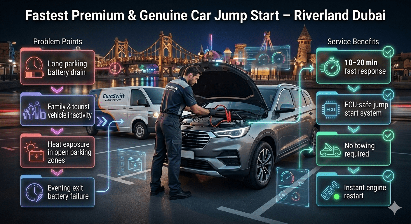Premium infographic showing car jump start service in Riverland Dubai with EuroSwift Auto Services technician, highlighting battery issues, fast response, ECU-safe system, and instant engine restart.