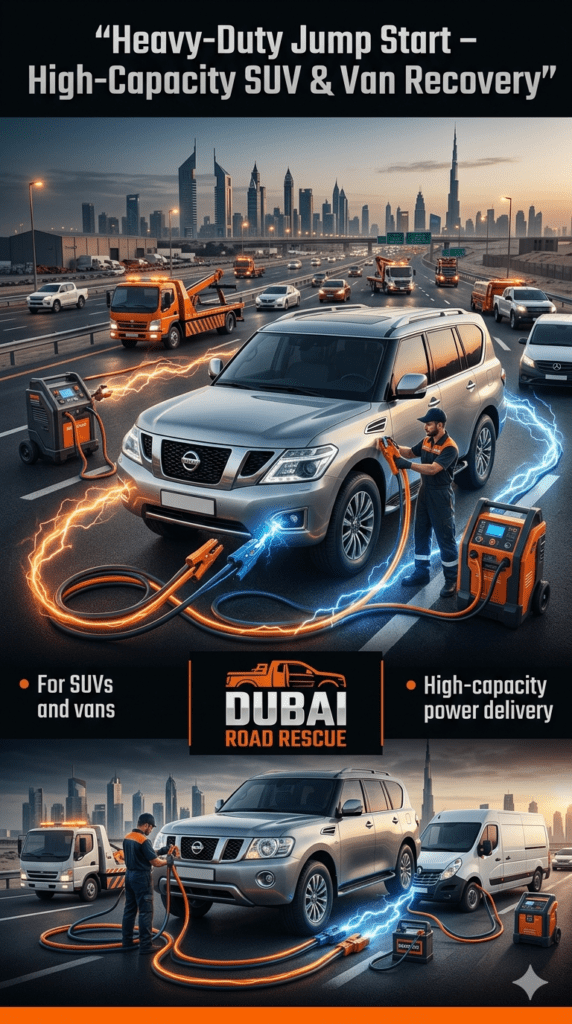 Heavy-duty jump start service showing technician using high-capacity power equipment to restart SUVs and vans like Land Cruiser and Nissan Patrol.