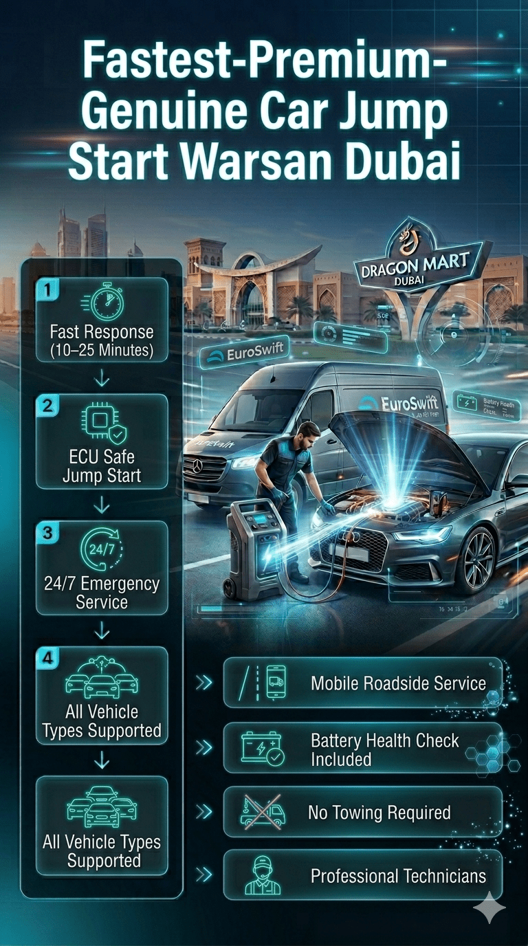 Premium user guide infographic showing fast car jump start service in Warsan Dubai with central technician car boost scene and side feature points.