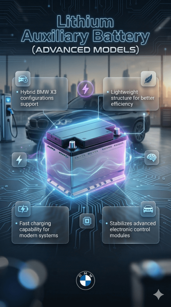 Lithium auxiliary battery BMW X3 hybrid infographic showing lightweight design, fast charging support, and electronic module stabilization in advanced BMW configurations