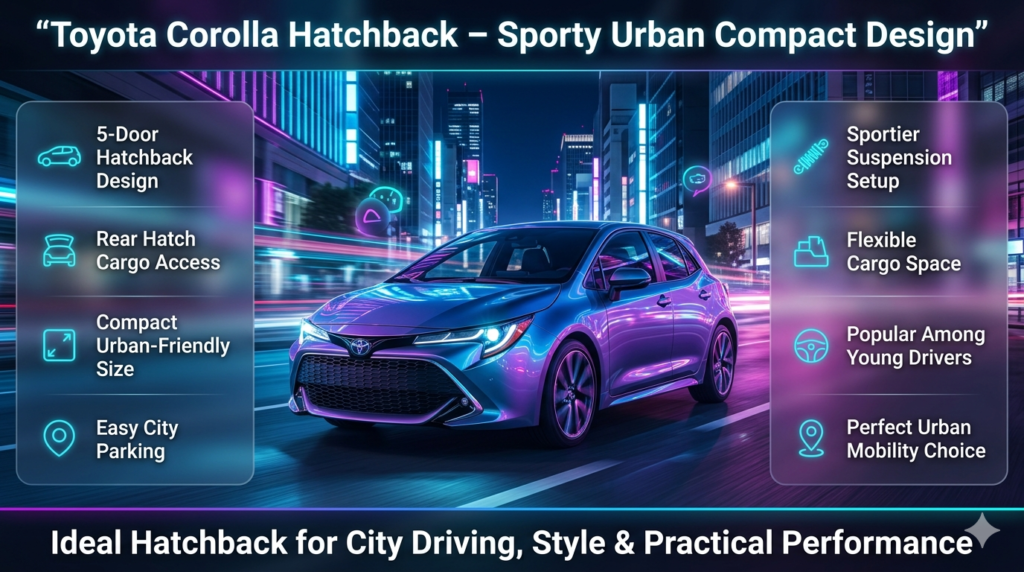 Toyota Corolla Hatchback infographic showing sporty 5-door design, compact urban mobility, cargo flexibility, and popularity among young city drivers.