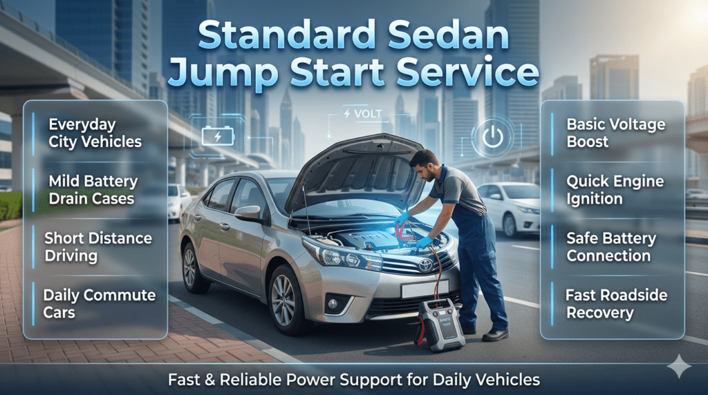 Standard sedan jump start service showing technician using portable booster on Toyota Corolla, Nissan Sunny, Hyundai Elantra, and Honda Civic for quick ignition recovery