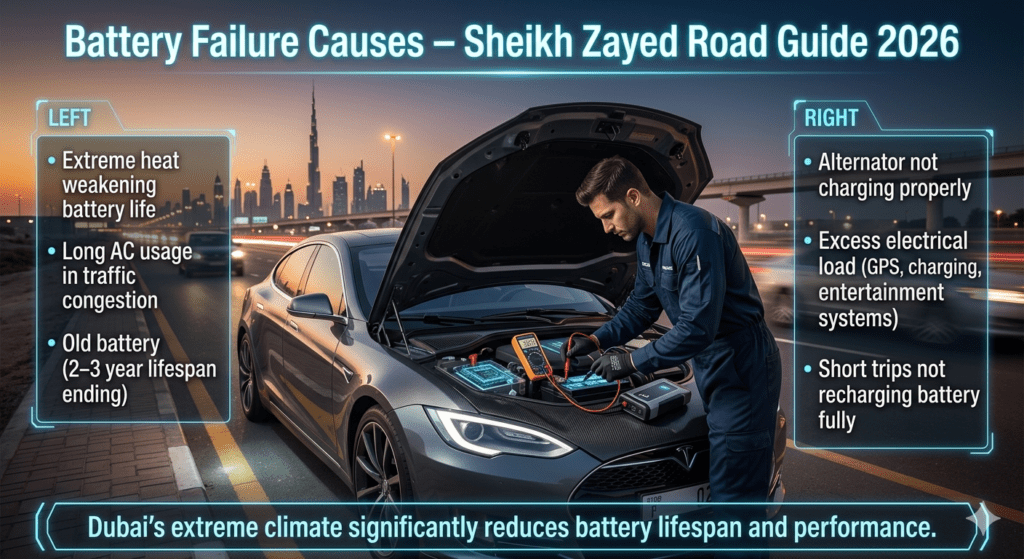 A cinematic roadside breakdown scene on Sheikh Zayed Road showing a mechanic inspecting a car battery with floating digital panels explaining major causes of battery failure in Dubai.