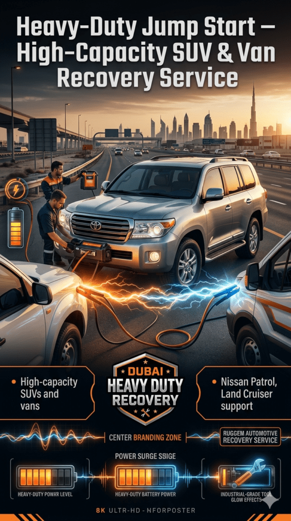 Heavy-duty jump start service showing technician using high-capacity equipment to restart SUVs and vans like Nissan Patrol and Land Cruiser.