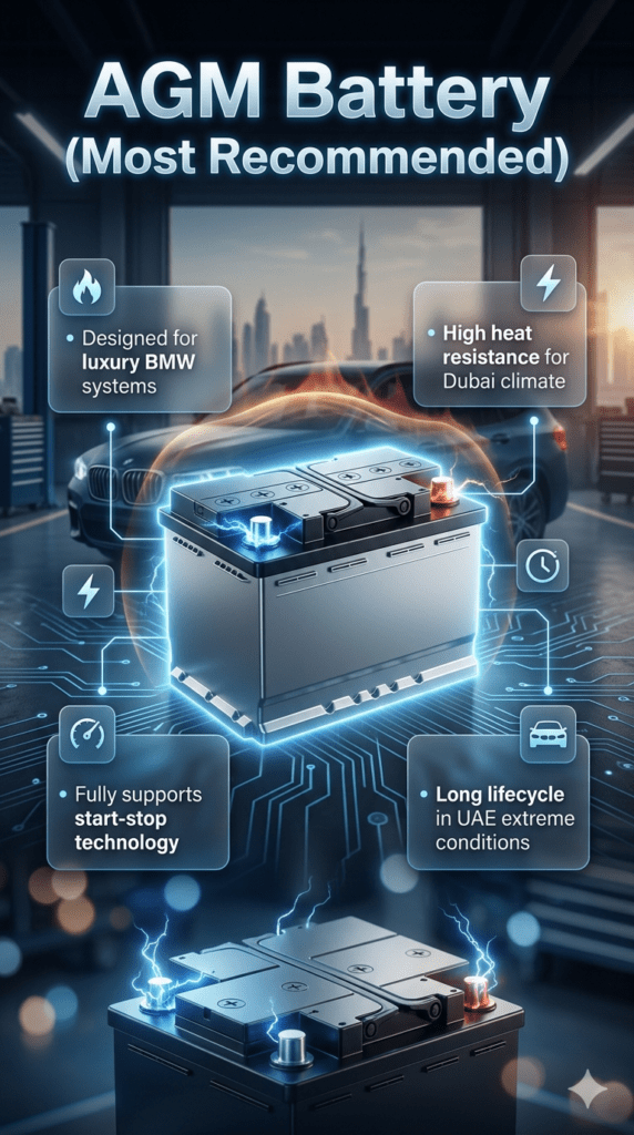AGM battery BMW X3 infographic showing high heat resistance, start-stop support, long lifecycle, and luxury BMW system compatibility in Dubai automotive environment