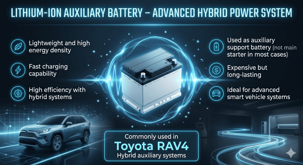 Lithium-ion auxiliary battery infographic showing features, efficiency, and usage in Toyota RAV4 hybrid systems.
