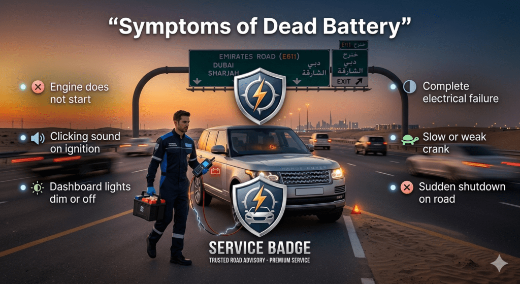 symptoms of dead car battery showing engine failure dim lights clicking sound and roadside breakdown in Dubai Emirates Road