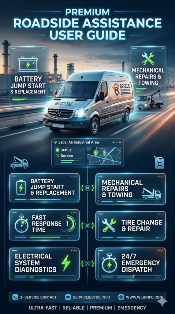 Delivery van receiving emergency premium jump start service in Jebel Ali Industrial area with infographic showing response time, action, and successful engine restart.