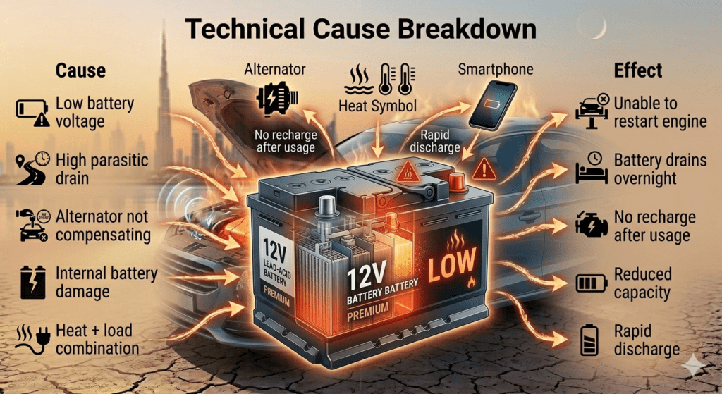 Technical causes of car battery failure showing low voltage, parasitic drain, and heat effects with outcomes