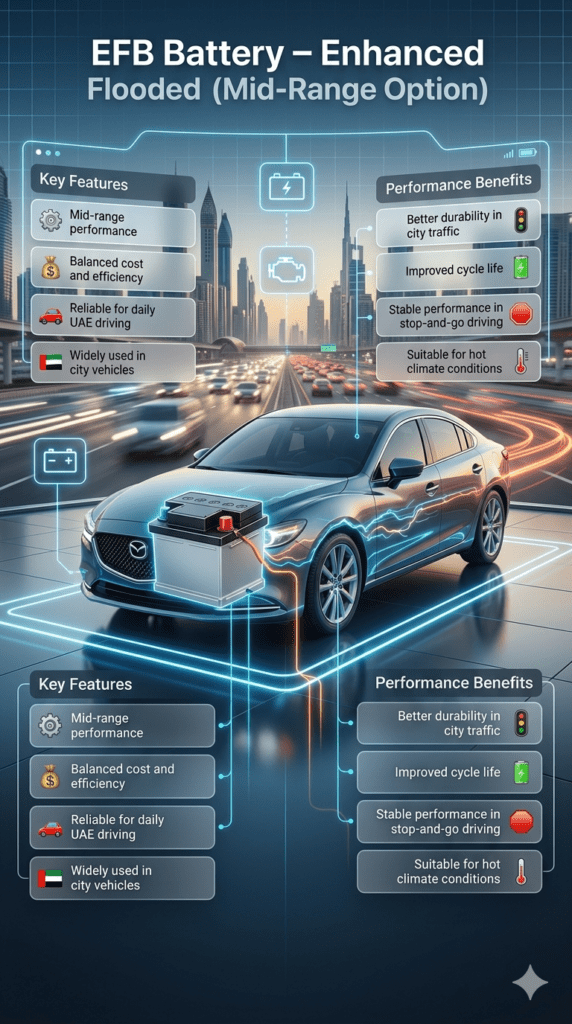 EFB battery infographic showing mid-range performance, better durability in city traffic, and suitability for daily UAE driving conditions.