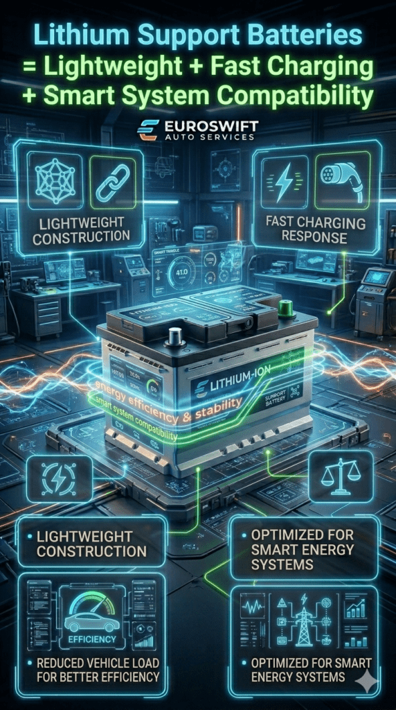 Lithium support car battery infographic showing lightweight design, fast charging response, and compatibility with modern smart vehicle systems.