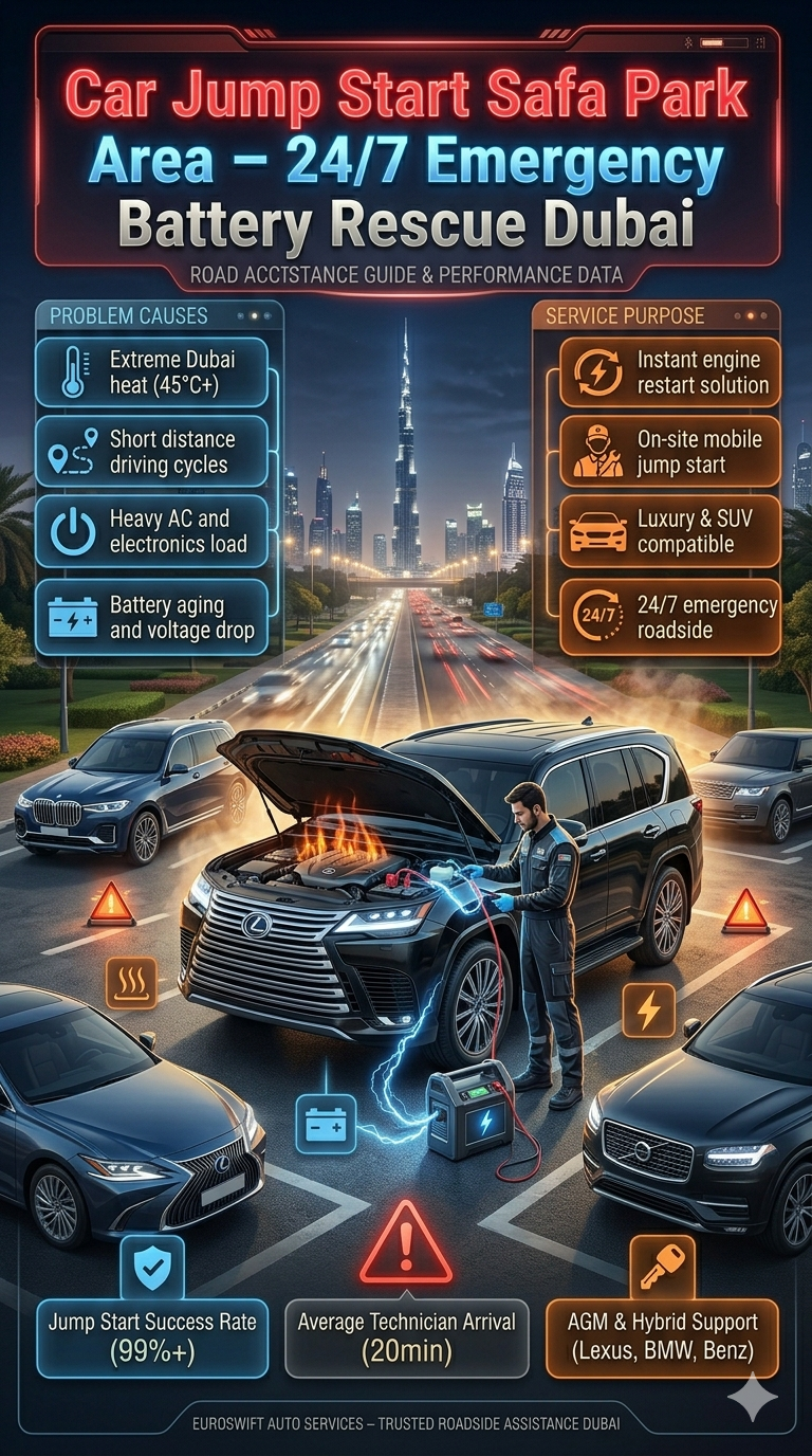 Luxury roadside emergency scene showing car jump start service in Safa Park Dubai with technician boosting vehicle battery under extreme heat conditions.