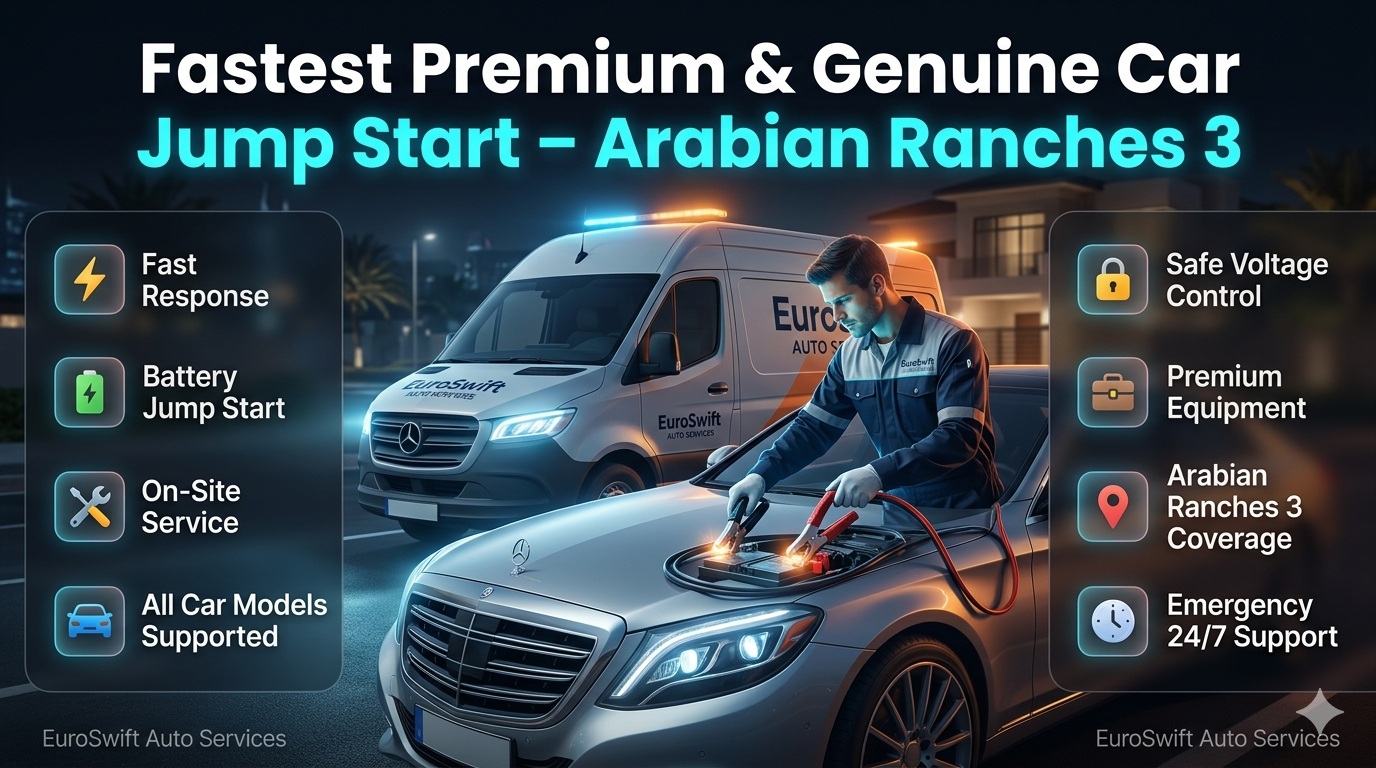 Premium roadside assistance jump start service in Arabian Ranches 3 showing technician connecting jumper cables to a car battery with emergency support icons and fast response indicators.