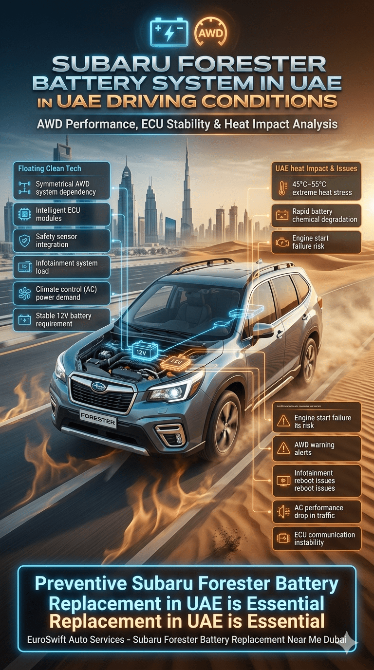 Subaru Forester infographic showing battery system in UAE conditions with AWD system, ECU modules, AC load, heat impact, and failure issues displayed in side panels with Dubai city and desert background.
