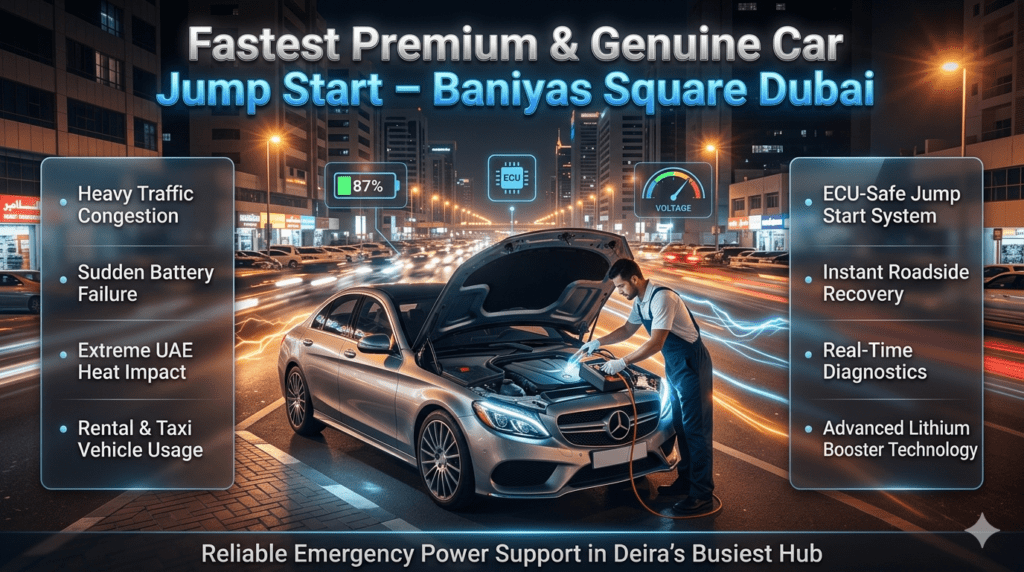 Premium car jump start service in Baniyas Square Dubai showing technician using ECU-safe booster system on luxury vehicle in busy urban traffic environment