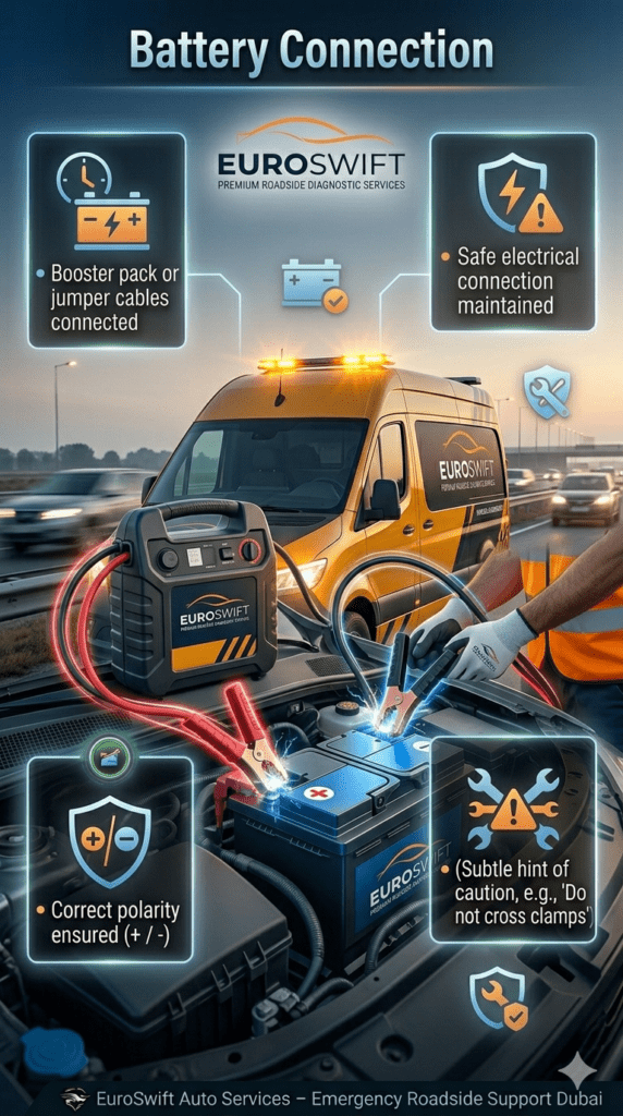 A technician connecting jumper cables or a booster pack to a car battery with correct polarity, showing positive and negative terminals in a roadside assistance setup infographic.