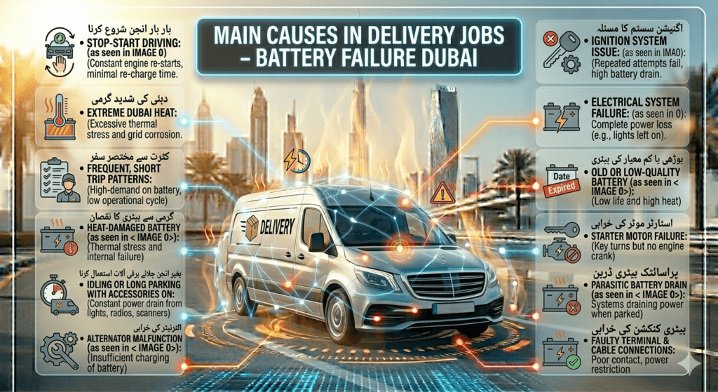 Infographic showing main causes of car battery failure during delivery jobs in Dubai including heat, battery drain, and driving conditions