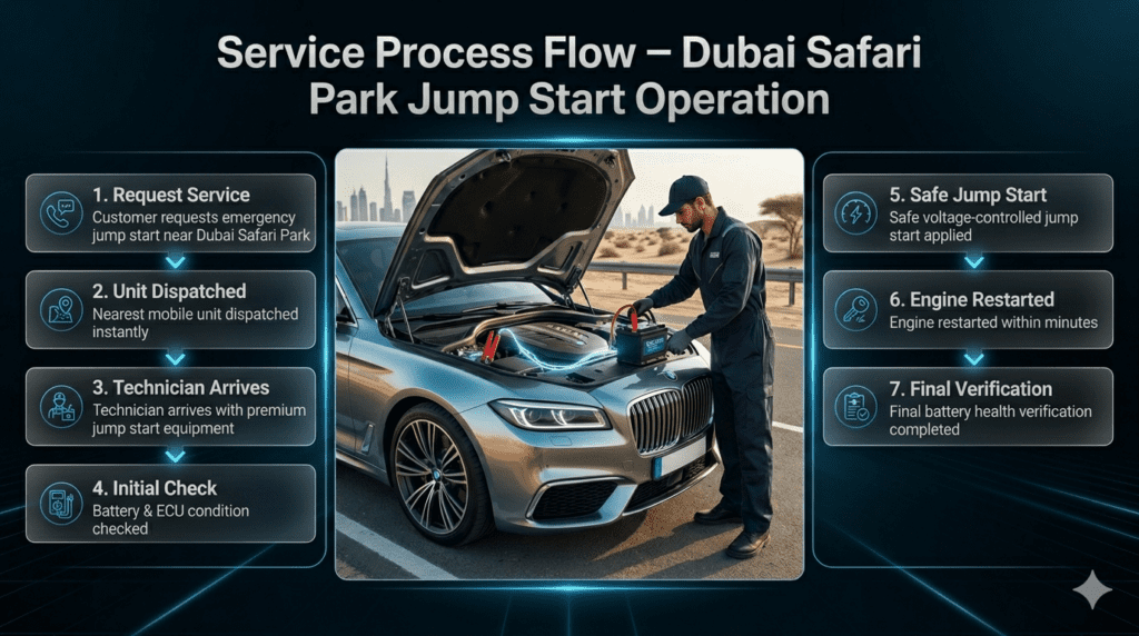 Premium automotive infographic showing step-by-step ECU-safe roadside jump start process near Dubai Safari Park with mobile technician and emergency vehicle recovery flow.