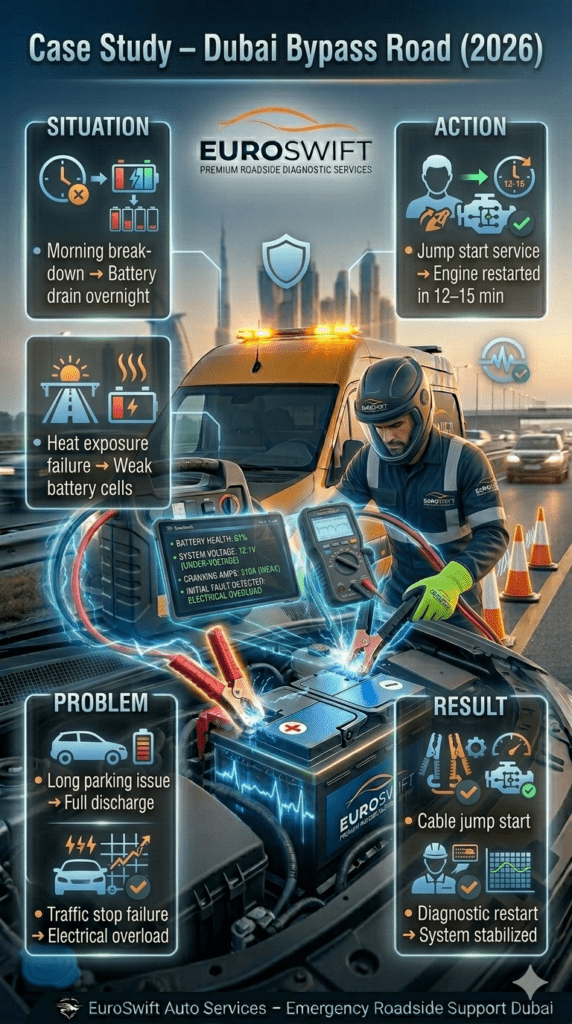 A roadside assistance case study infographic showing real jump start scenarios on Dubai Bypass Road, including battery drain, heat failure, and successful vehicle recovery actions.