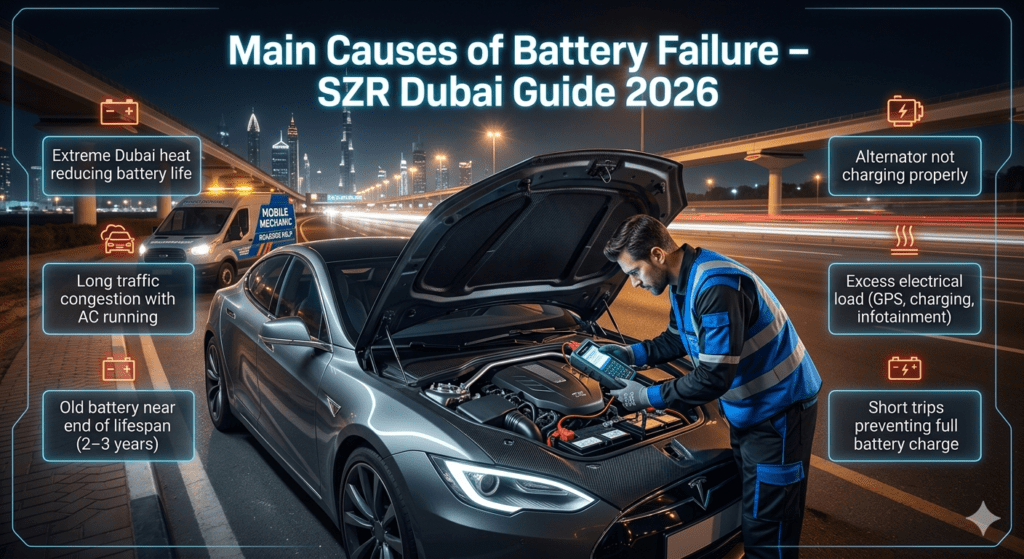 A cinematic roadside breakdown scene on Sheikh Zayed Road showing a mechanic diagnosing a car battery with futuristic panels displaying major causes of battery failure in Dubai.