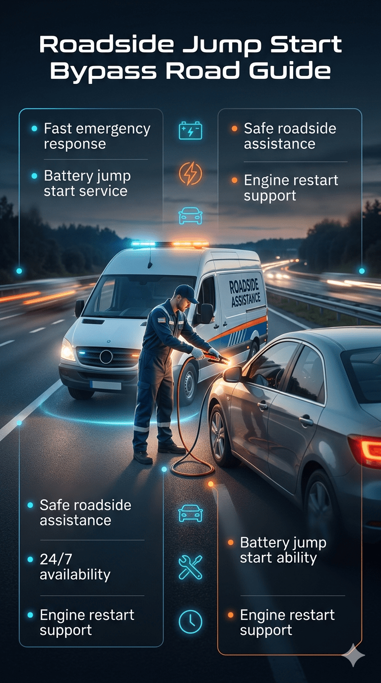 Roadside jump start emergency service illustration showing technician boosting car battery on bypass road with infographic guide layout and emergency support points.