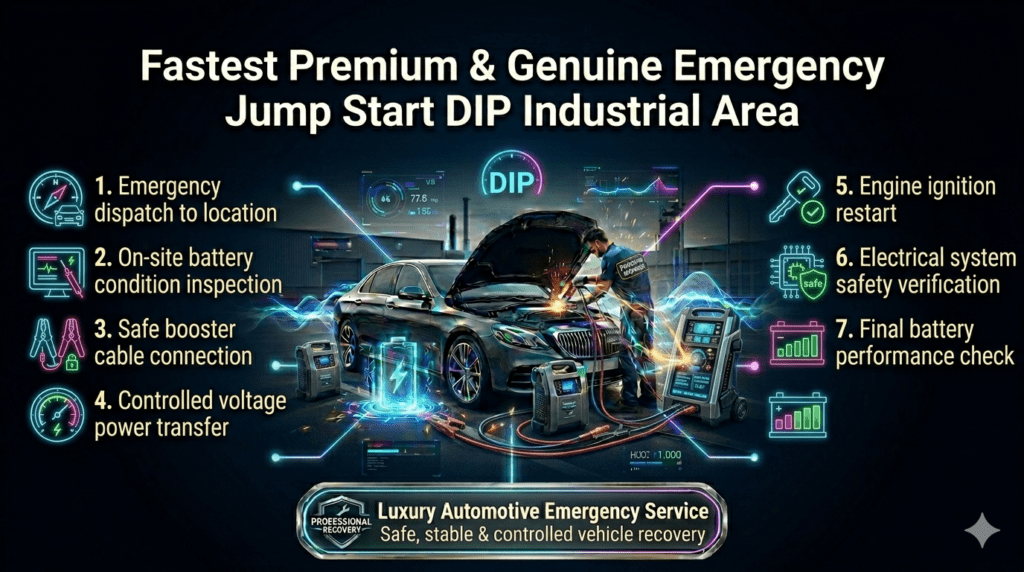 Car jump start process in DIP Industrial Area showing technician performing step-by-step emergency battery recovery and safety checks.