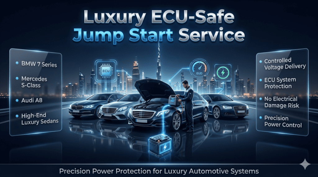 Luxury ECU-safe jump start service showing technician using controlled voltage booster on BMW 7 Series, Mercedes S-Class, and Audi A8 with ECU protection system