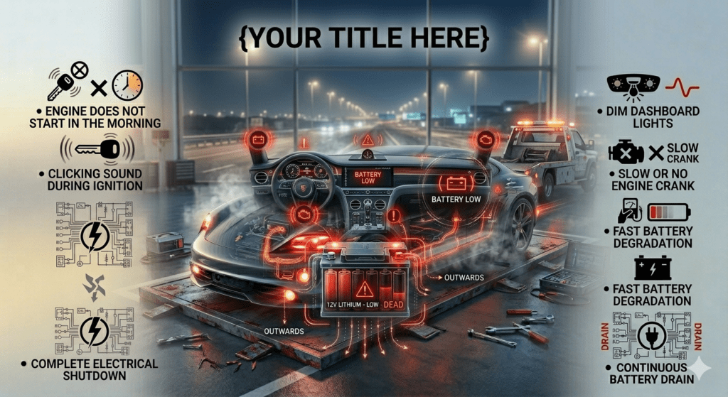 Emergency car breakdown infographic showing {TOPIC} with warning lights, central vehicle, and side key points