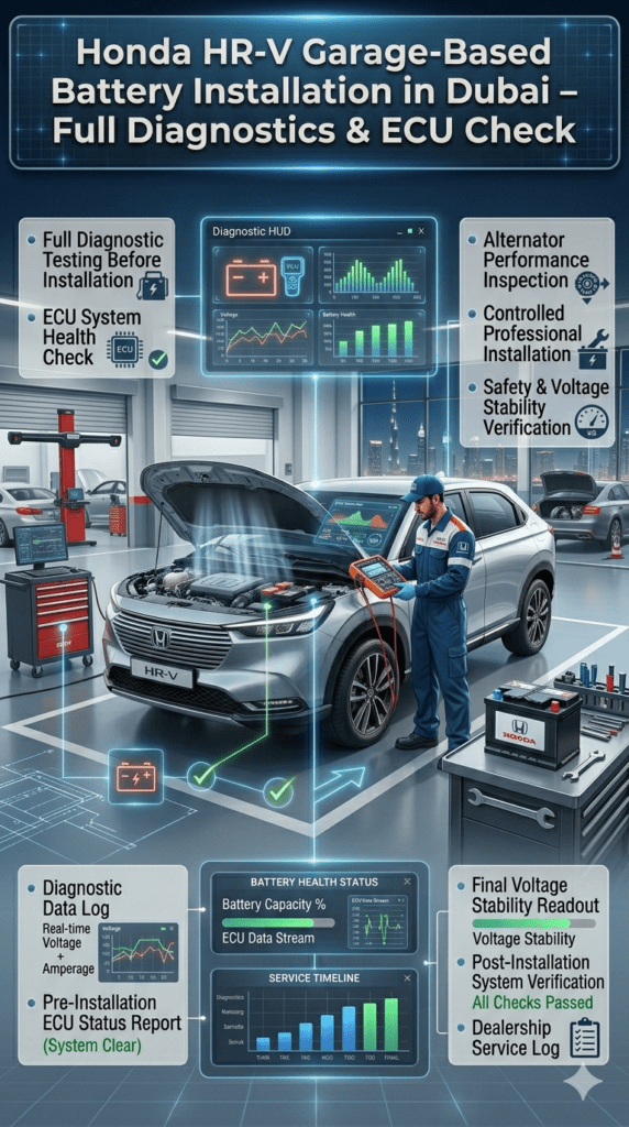 Honda HR-V battery installation in Dubai garage showing full diagnostics, ECU and alternator health check, and controlled professional installation.