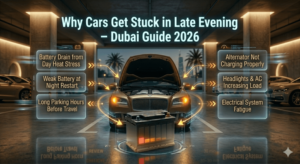 Infographic showing why cars get stuck late evening in Dubai including battery drain, alternator failure, and electrical fatigue.