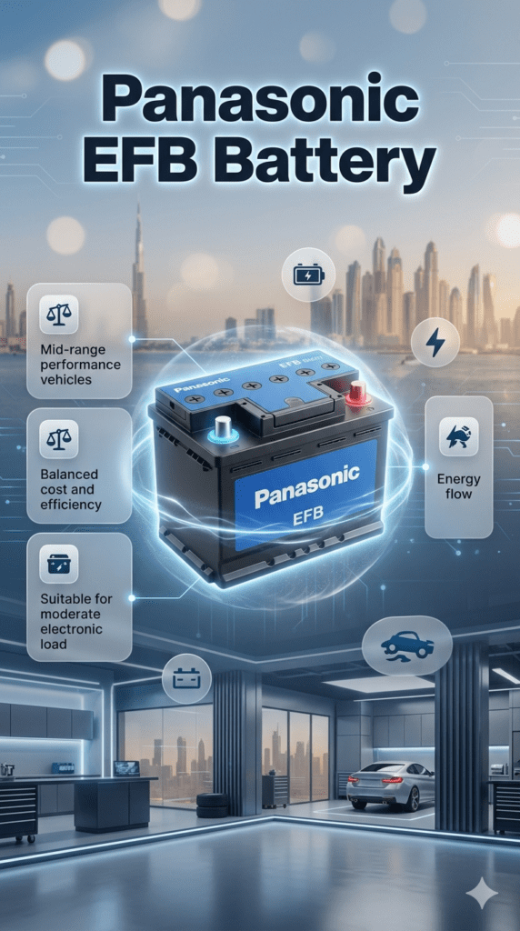 Panasonic EFB battery infographic showing mid-range vehicle compatibility, balanced cost efficiency, and moderate electronic load support for Dubai automotive conditions
