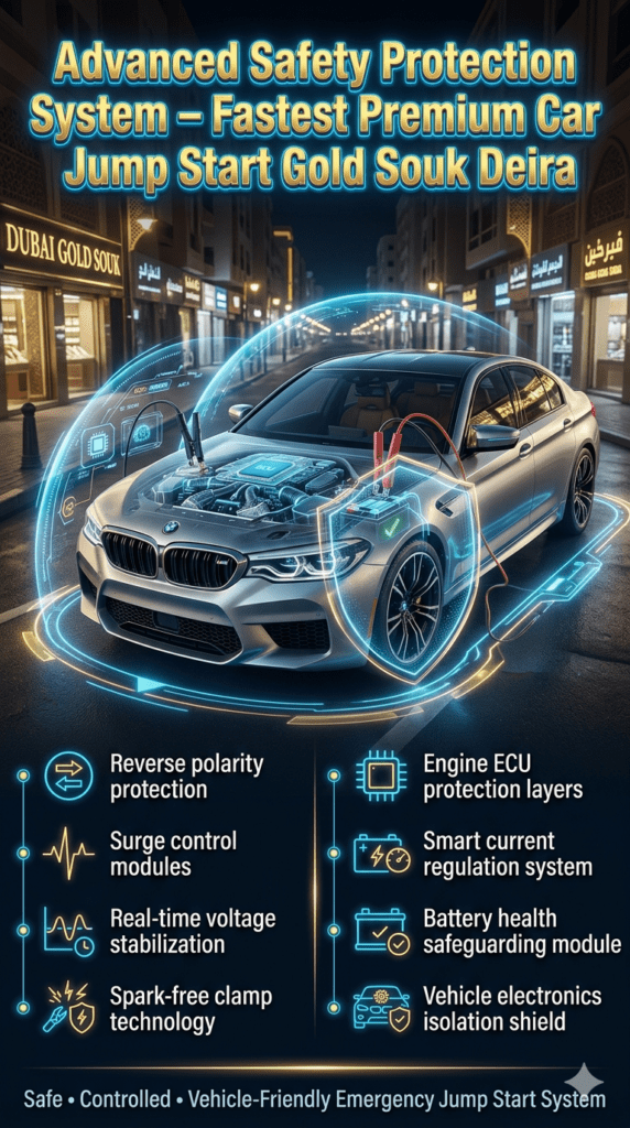 Futuristic automotive safety system infographic showing reverse polarity protection, surge control modules, and ECU protection layers ensuring safe and controlled car jump start service in Gold Souk Deira.