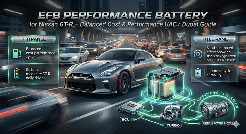EFB performance battery Nissan GT-R UAE infographic showing enhanced flooded battery technology, balanced cost performance, stop-start system, and improved cycle durability for Dubai city driving.