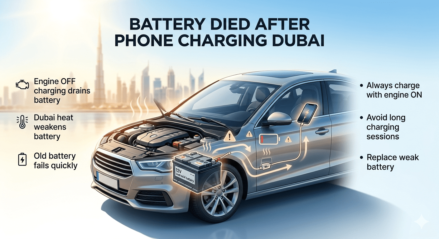 Battery died after phone charging in Dubai showing car battery drain due to mobile charging with engine off and heat impact