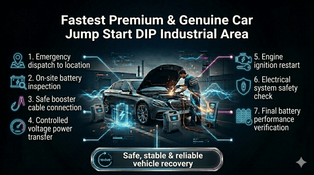 Car jump start process in DIP Industrial Area showing technician performing step-by-step battery inspection and safe vehicle recovery.