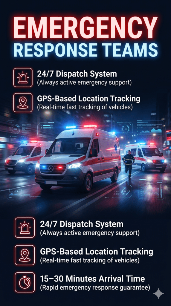 Emergency response team infographic showing a fast-acting rescue service with GPS tracking, 24/7 dispatch system, and 15–30 minute arrival time highlighted beside a modern emergency vehicle.