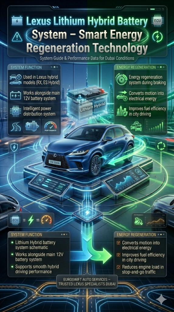 Luxury Lexus hybrid vehicle infographic showing lithium hybrid battery system with energy regeneration, power distribution, and smart efficiency in Dubai driving conditions.