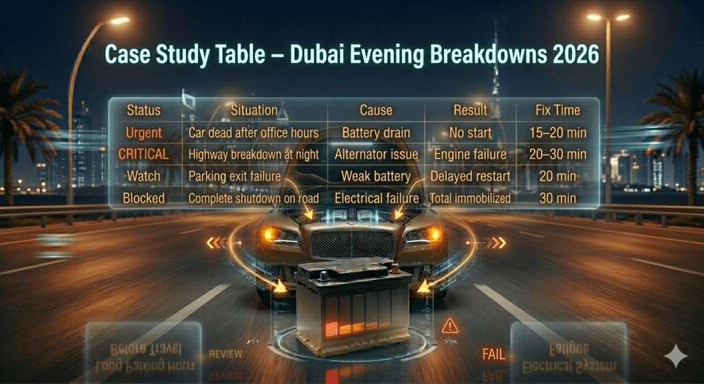 Case study table showing causes, results, and fix times of evening car breakdowns in Dubai 2026.