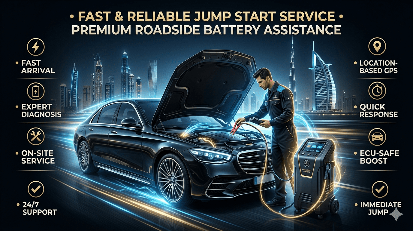 Premium roadside jump start service showing technician working on car battery with key service points displayed on both sides.