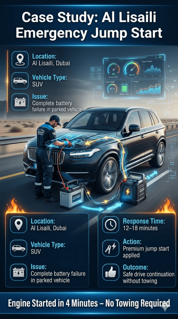 Premium roadside assistance technician performing emergency jump start on SUV in Al Lisaili Dubai with infographic case study panels showing response time and results.