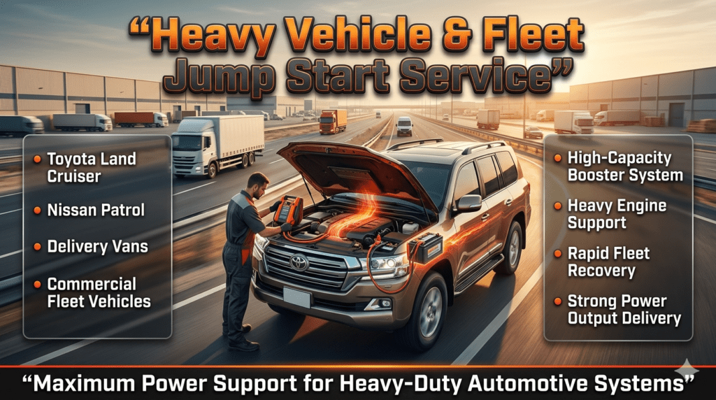 Heavy vehicle jump start service showing technician using high-capacity booster on Toyota Land Cruiser, Nissan Patrol, and delivery van in commercial fleet environment