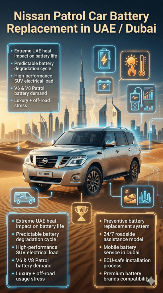 Nissan Patrol car battery replacement in UAE Dubai infographic showing luxury SUV, extreme heat conditions, and professional mobile battery service ecosystem.