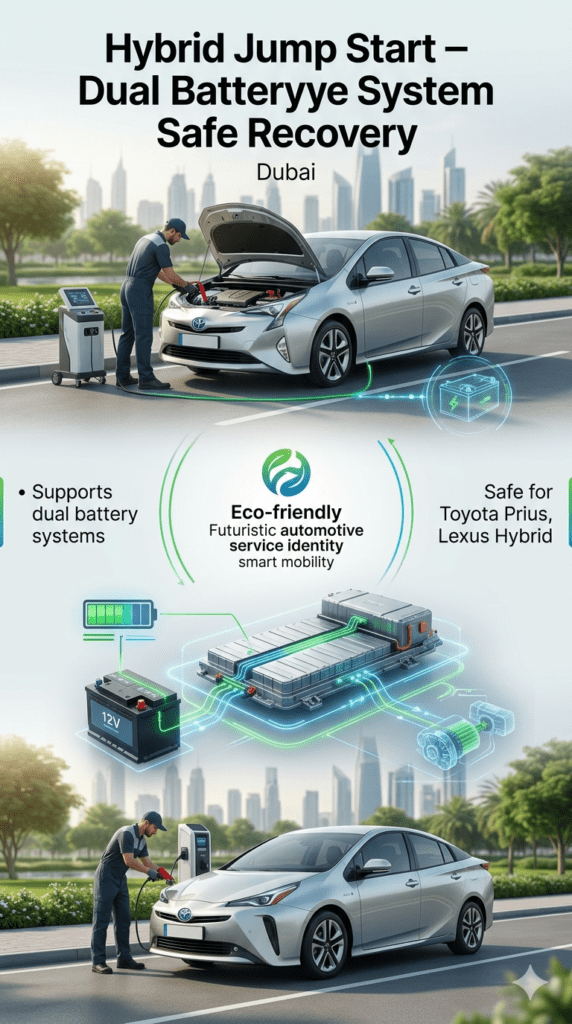 Hybrid jump start service showing technician safely handling dual battery system in Toyota Prius and Lexus Hybrid with eco-tech visualization.
