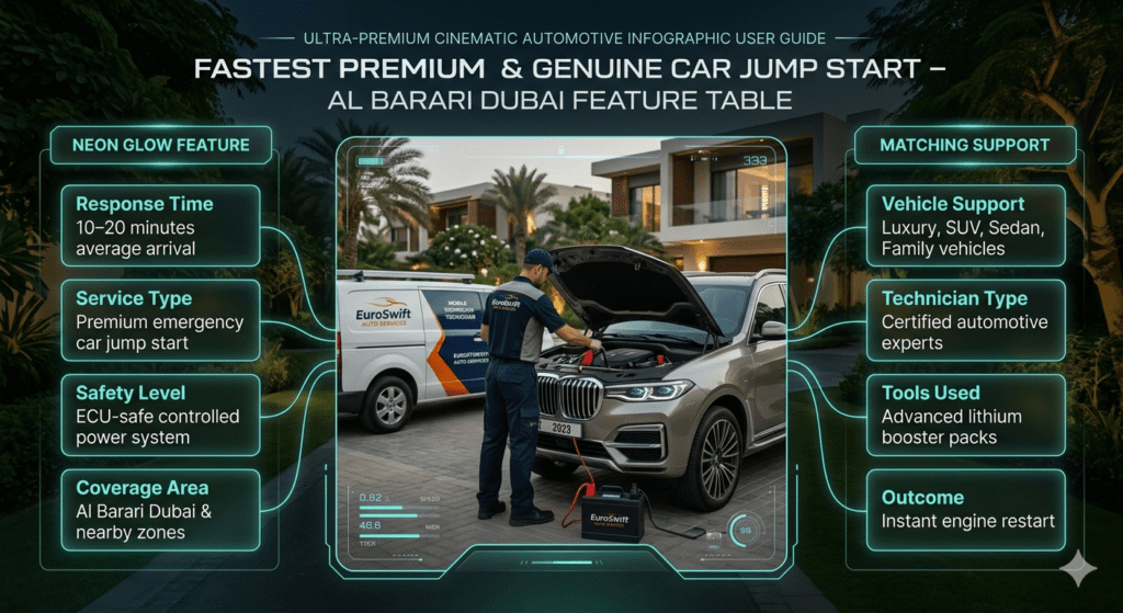 Feature table infographic showing Al Barari Dubai jump start service with EuroSwift Auto Services technician, including response time, safety system, coverage area, tools, vehicle support, and instant engine restart.