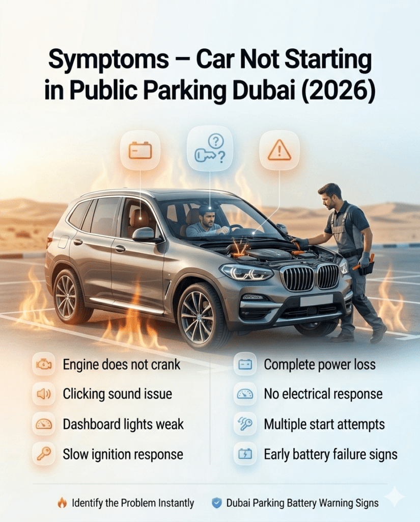 Driver experiencing car not starting issue in Dubai parking showing weak battery symptoms like clicking sound and dim dashboard lights