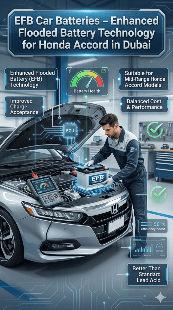Honda Accord EFB battery installation in modern garage showing enhanced flooded battery technology, diagnostic testing, and balanced performance system.